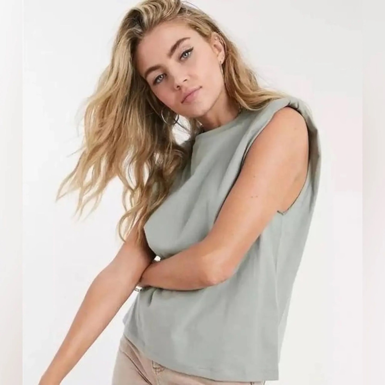 Allsaints Mika Cotton Sage Green Padded Shoulder Muscle Tee Size Medium Minimal